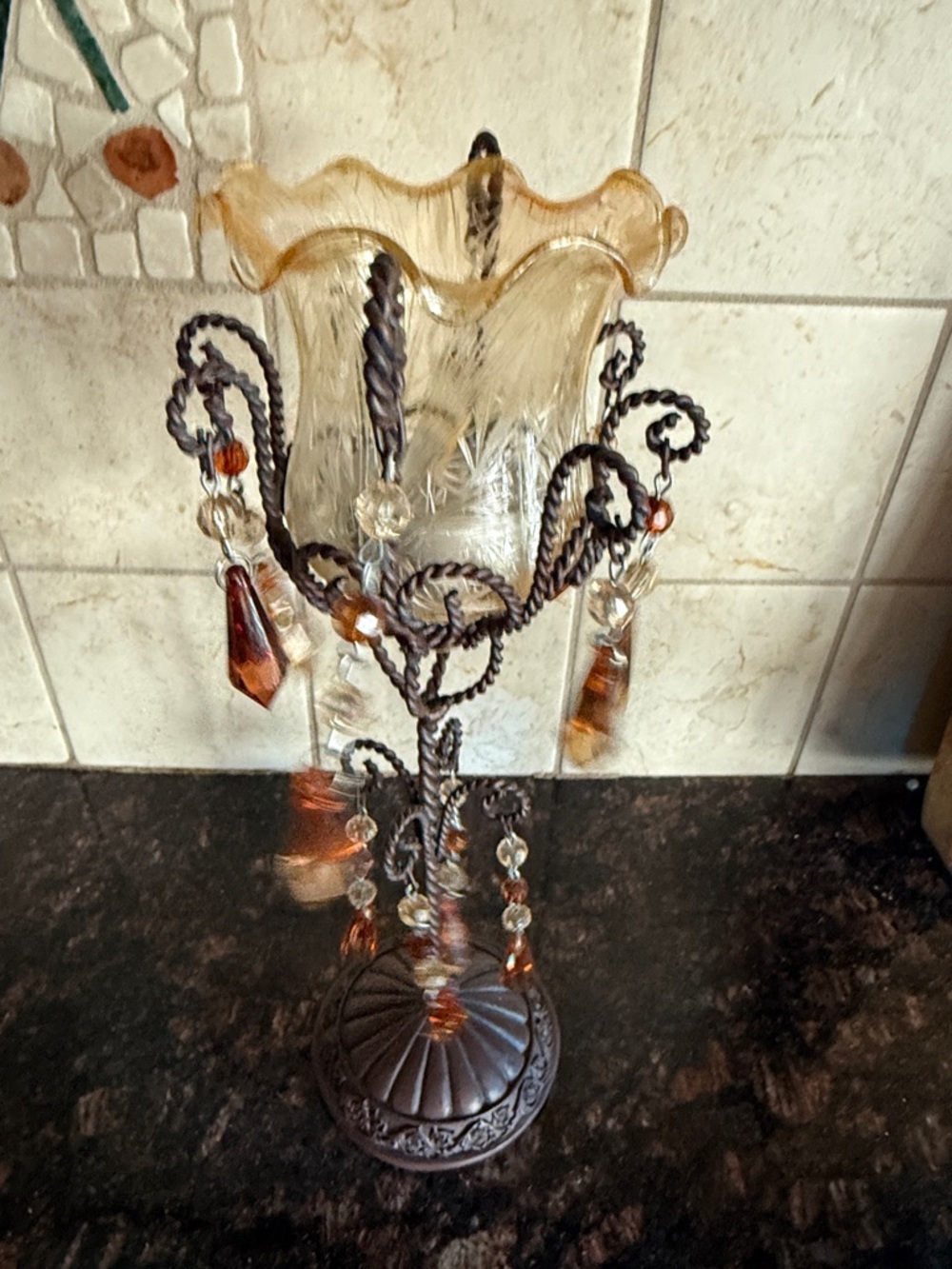 Vintage Amber Glass and Bronze Filigree Table candle holder